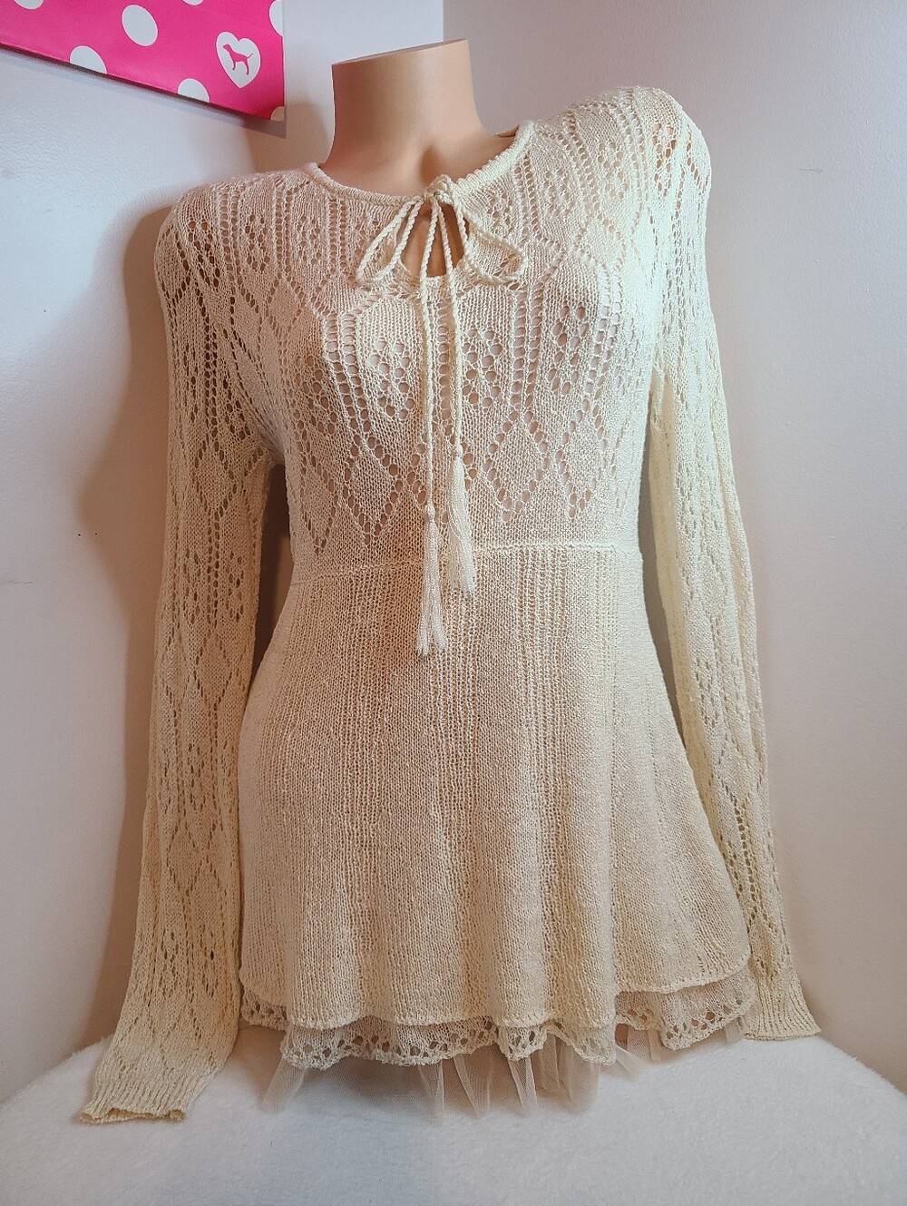 V Christina Adorable Boho Crochet Knit Lace-Trim Babydoll Tunic Top Size M